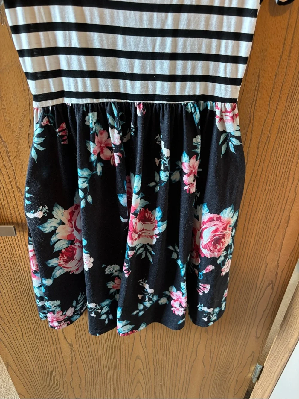 Black & White Striped Top - Floral Skirt - Casual Pocket Dress